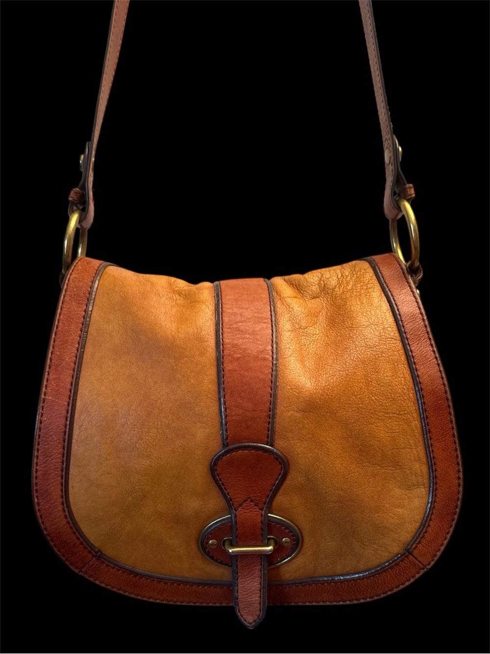 Fossil Reissue Two-Tone Tan and Cognac Leather Crossbody Saddle Bag